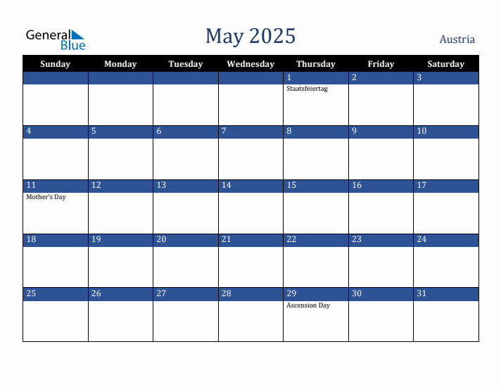 May 2025 Austria Calendar (Sunday Start)