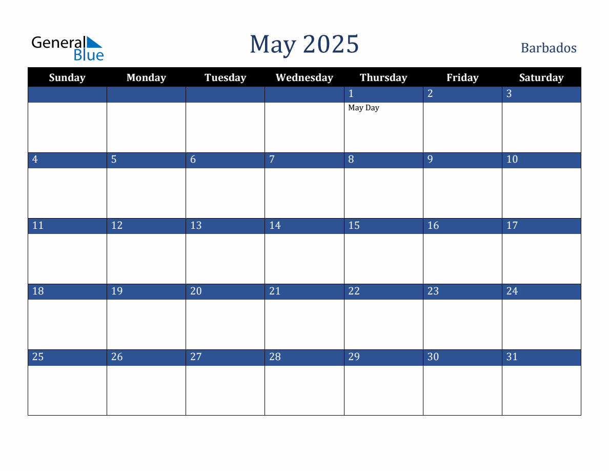 May 2025 Barbados Holiday Calendar