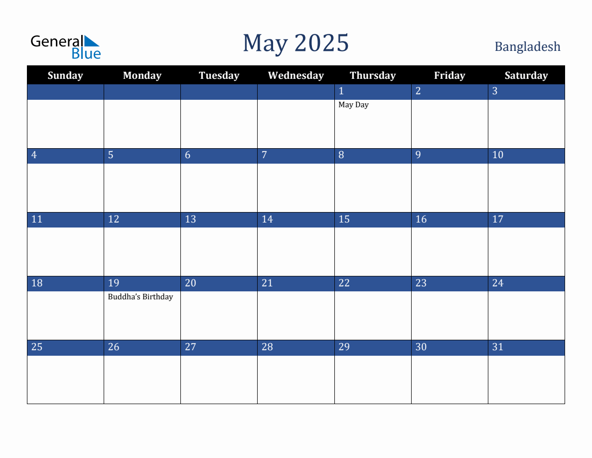 May 2025 Bangladesh Holiday Calendar