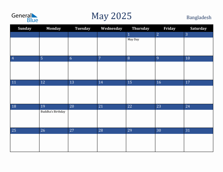 May 2025 Bangladesh Calendar (Sunday Start)