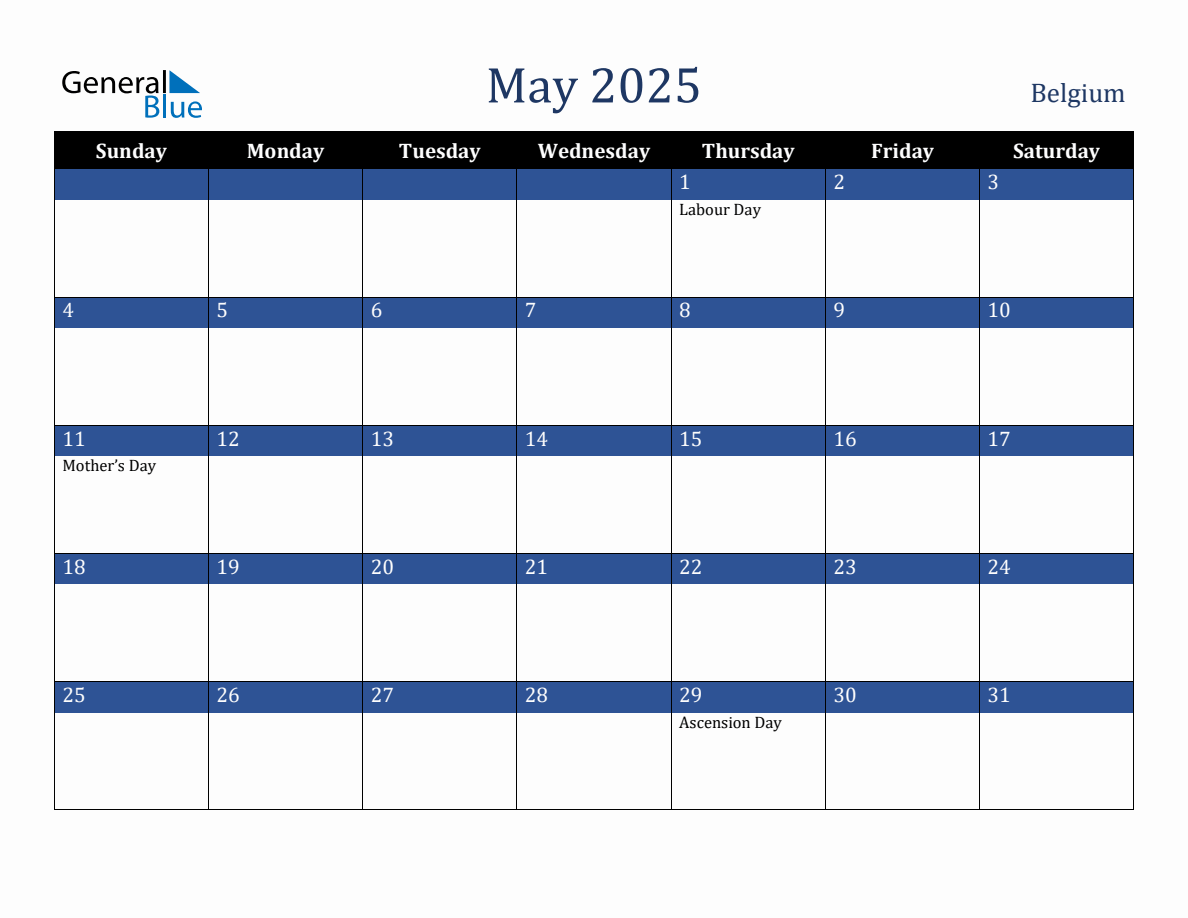 May 2025 Belgium Holiday Calendar