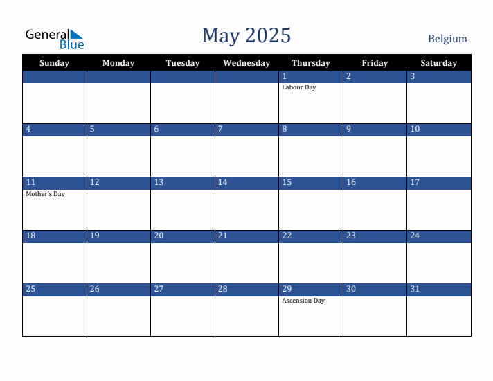 May 2025 Belgium Calendar (Sunday Start)