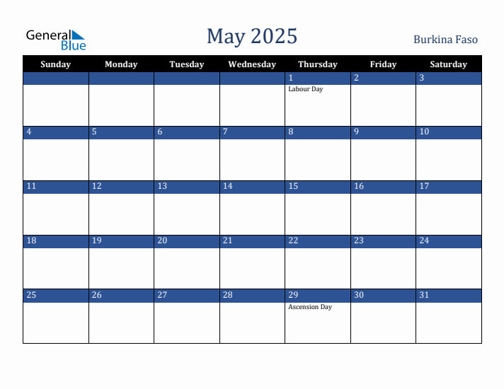 May 2025 Burkina Faso Calendar (Sunday Start)