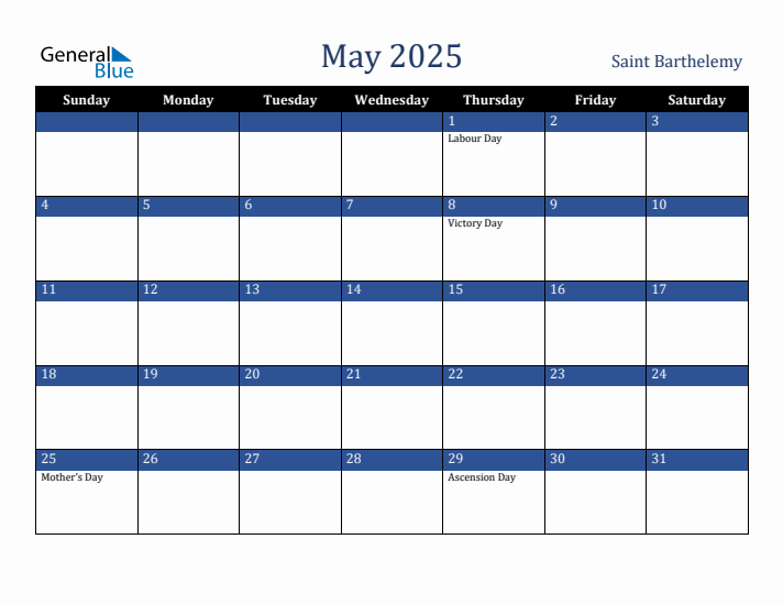 May 2025 Saint Barthelemy Calendar (Sunday Start)