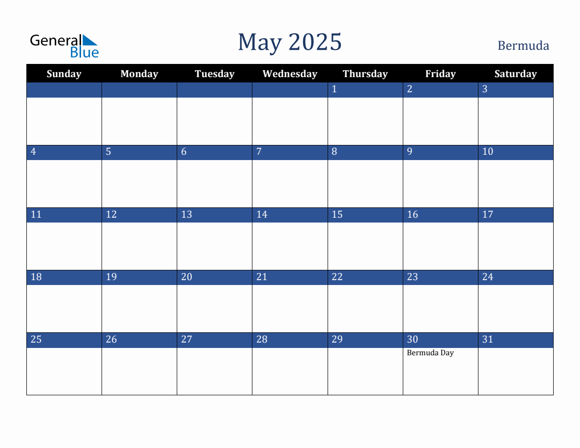 May 2025 Bermuda Holiday Calendar