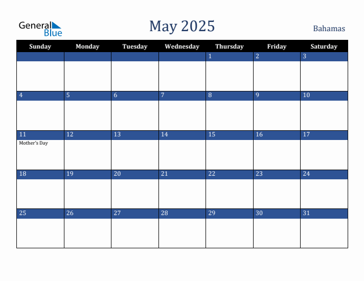 May 2025 Bahamas Calendar (Sunday Start)