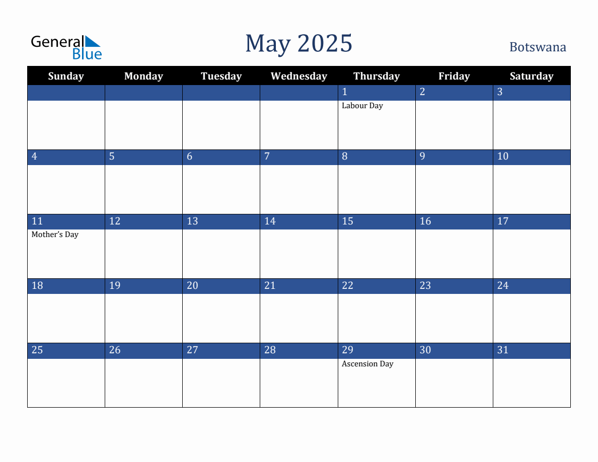 May 2025 Botswana Holiday Calendar