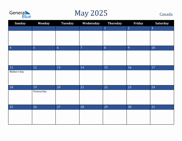 May 2025 Canada Calendar (Sunday Start)