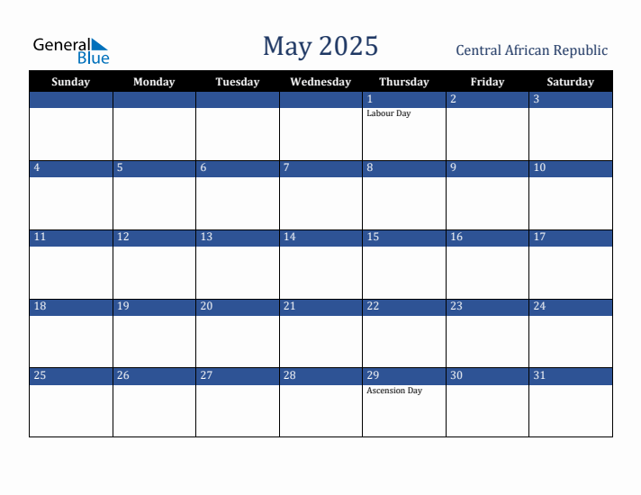 May 2025 Central African Republic Calendar (Sunday Start)