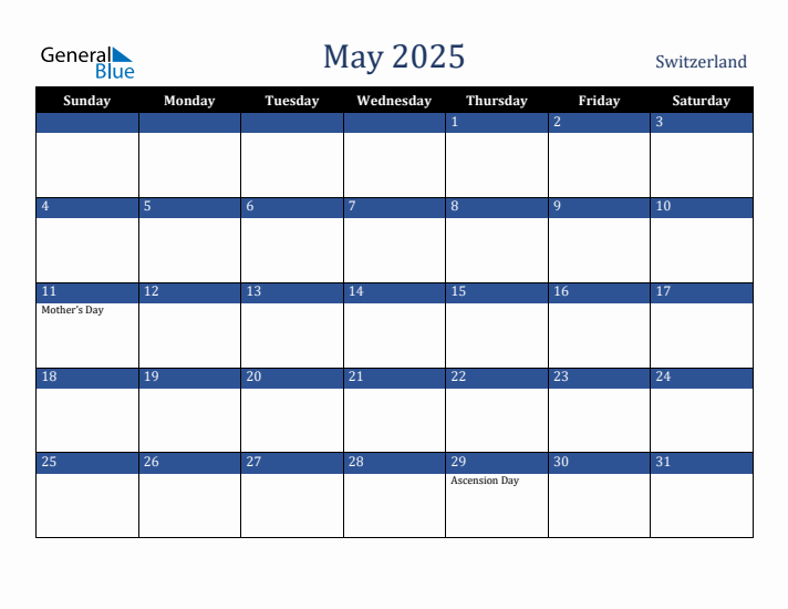 May 2025 Switzerland Calendar (Sunday Start)
