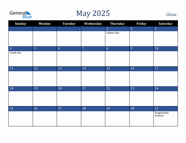 May 2025 China Calendar (Sunday Start)