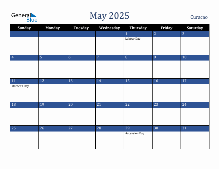 May 2025 Curacao Calendar (Sunday Start)