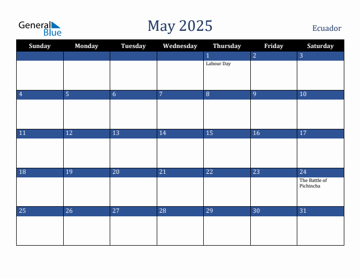 May 2025 Ecuador Calendar (Sunday Start)