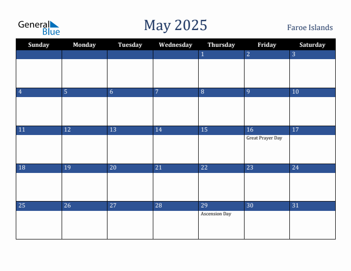 May 2025 Faroe Islands Calendar (Sunday Start)