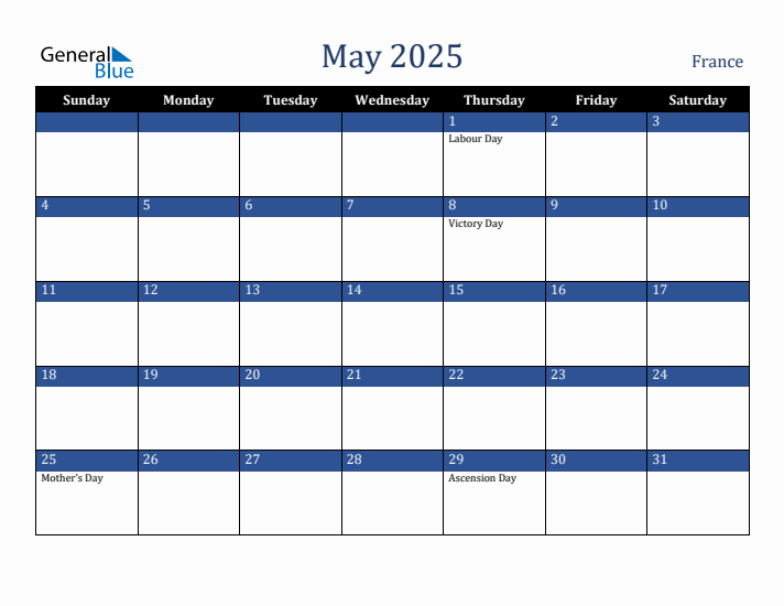 May 2025 Monthly Calendar with France Holidays