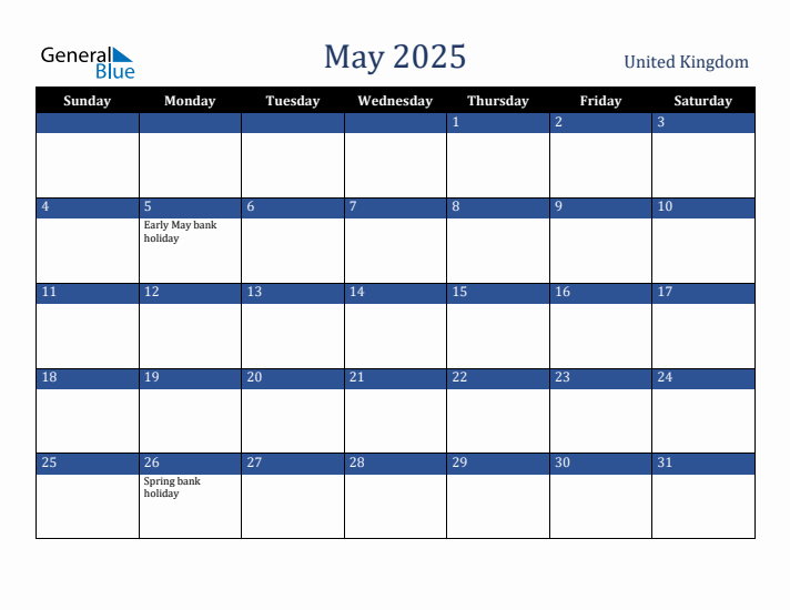 May 2025 United Kingdom Calendar (Sunday Start)