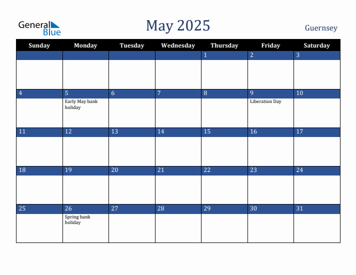 May 2025 Guernsey Calendar (Sunday Start)