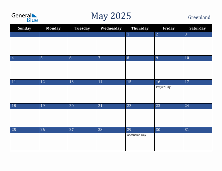 May 2025 Greenland Calendar (Sunday Start)