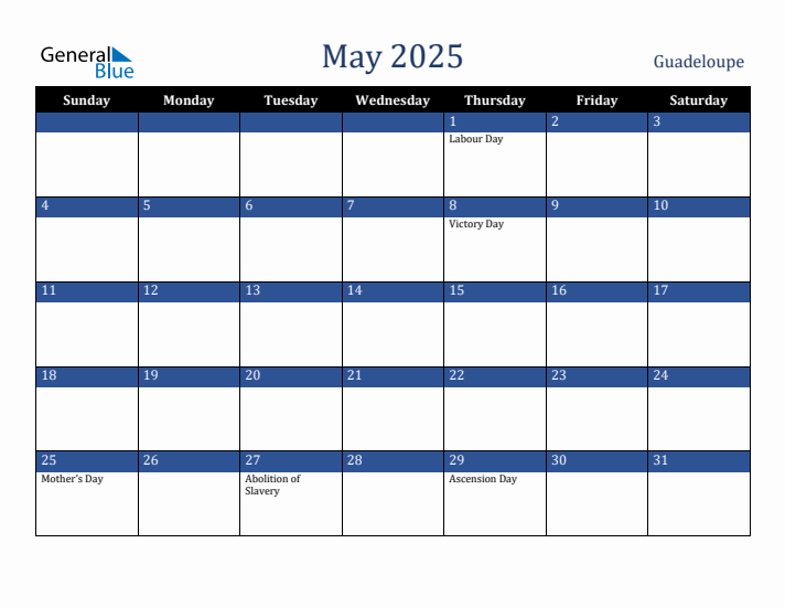 May 2025 Guadeloupe Calendar (Sunday Start)