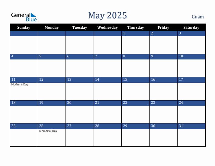 May 2025 Guam Calendar (Sunday Start)
