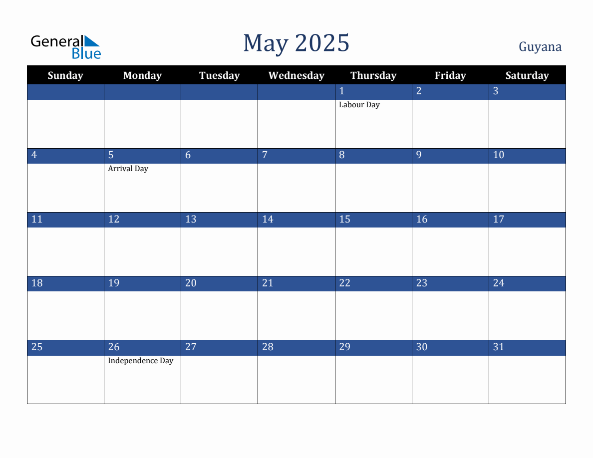 May 2025 Guyana Holiday Calendar