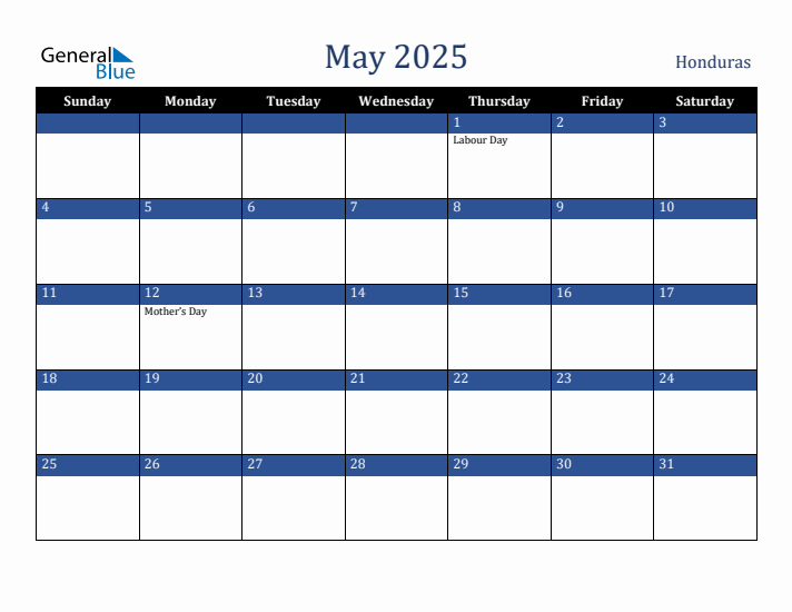 May 2025 Honduras Calendar (Sunday Start)