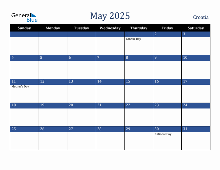 May 2025 Croatia Calendar (Sunday Start)