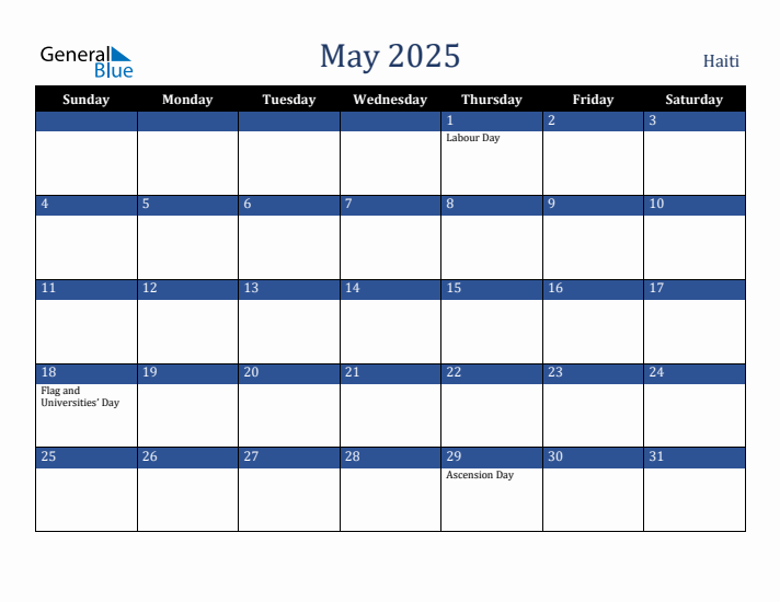 May 2025 Haiti Calendar (Sunday Start)