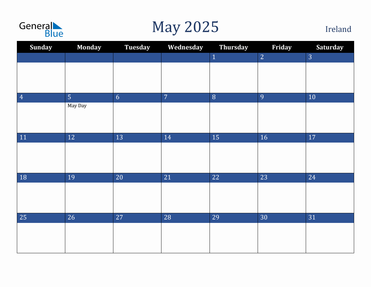 May 2025 Ireland Holiday Calendar
