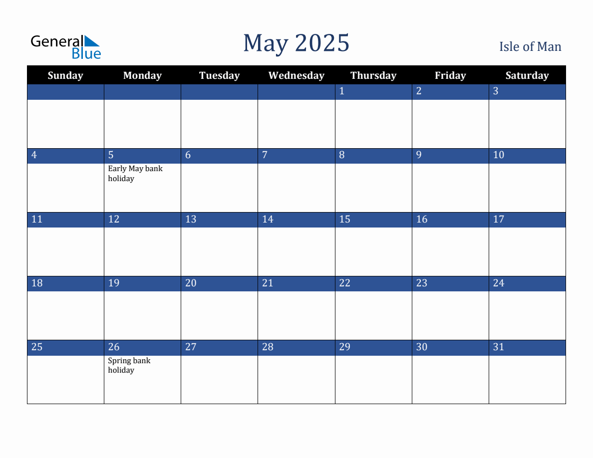 May 2025 Isle of Man Holiday Calendar