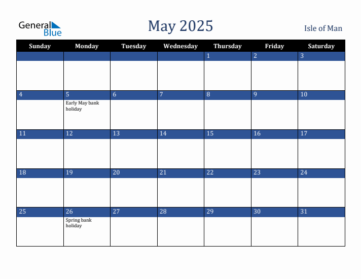 May 2025 Isle of Man Calendar (Sunday Start)