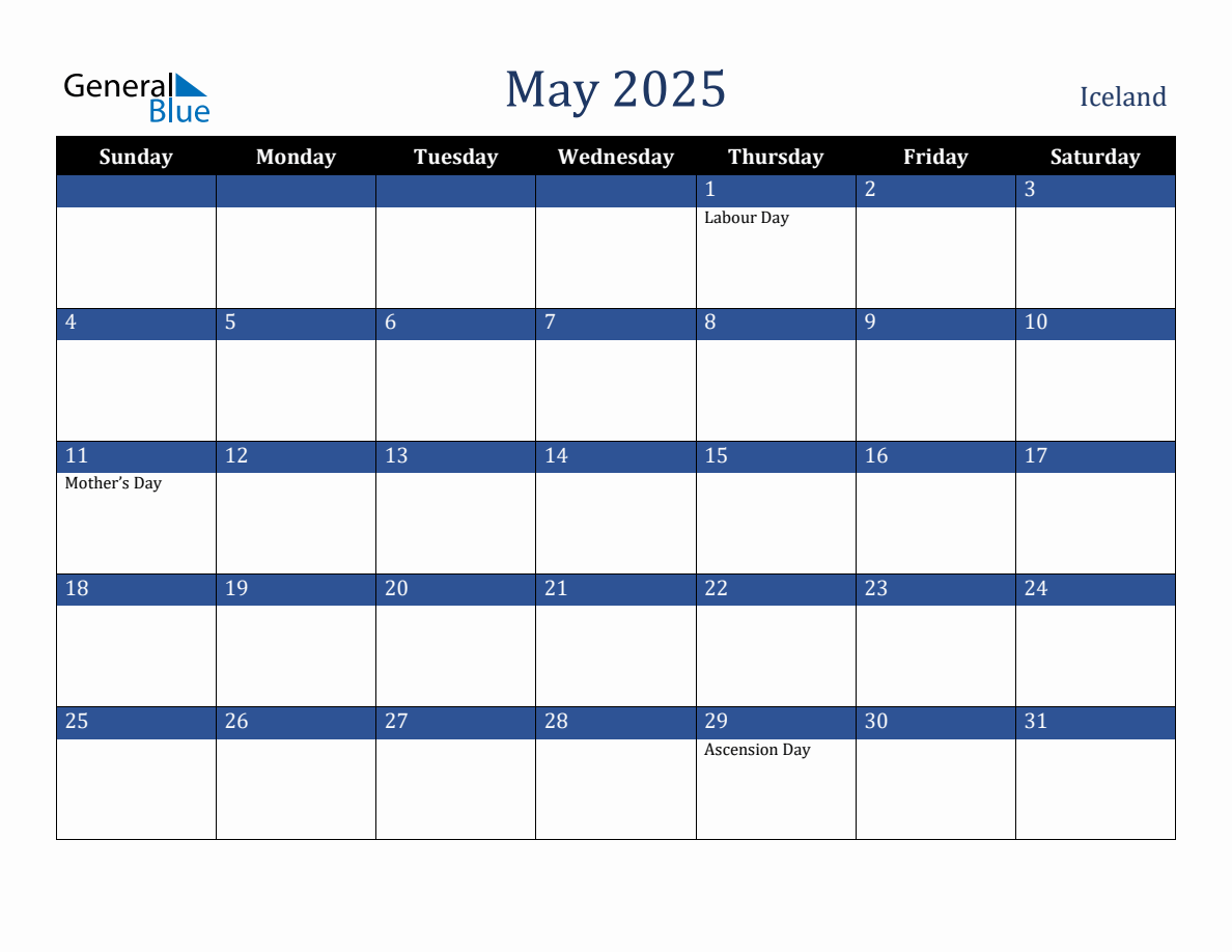 May 2025 Iceland Holiday Calendar