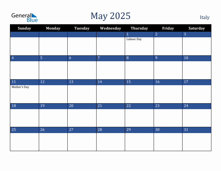May 2025 Monthly Calendar with Italy Holidays