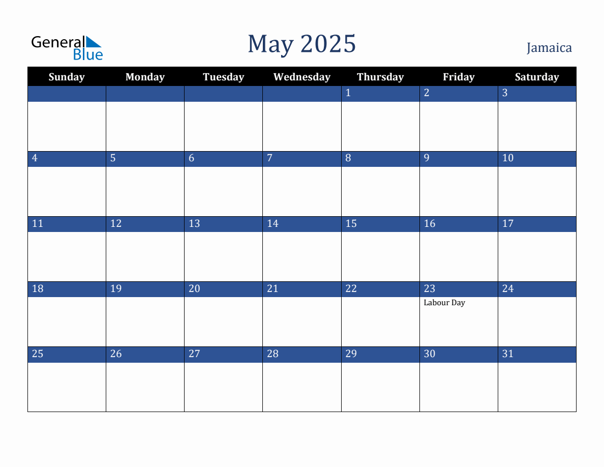 May 2025 Jamaica Holiday Calendar