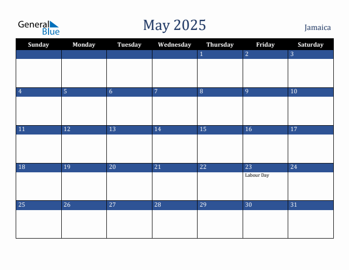 May 2025 Jamaica Calendar (Sunday Start)