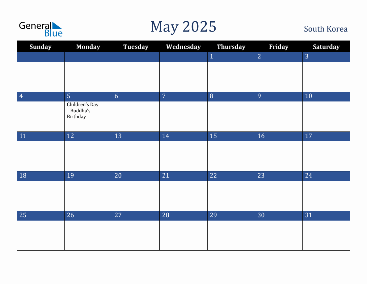 May 2025 South Korea Holiday Calendar