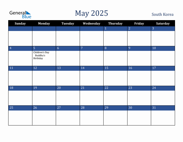 May 2025 South Korea Calendar (Sunday Start)