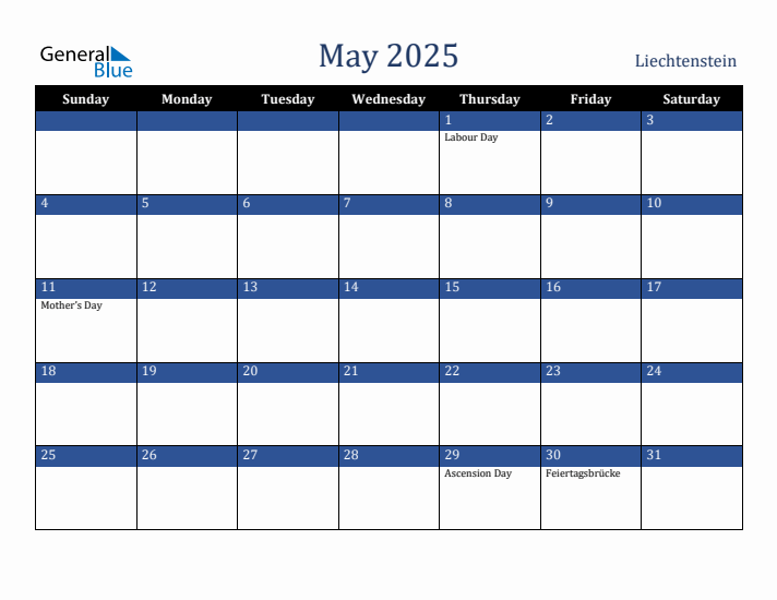 May 2025 Liechtenstein Calendar (Sunday Start)