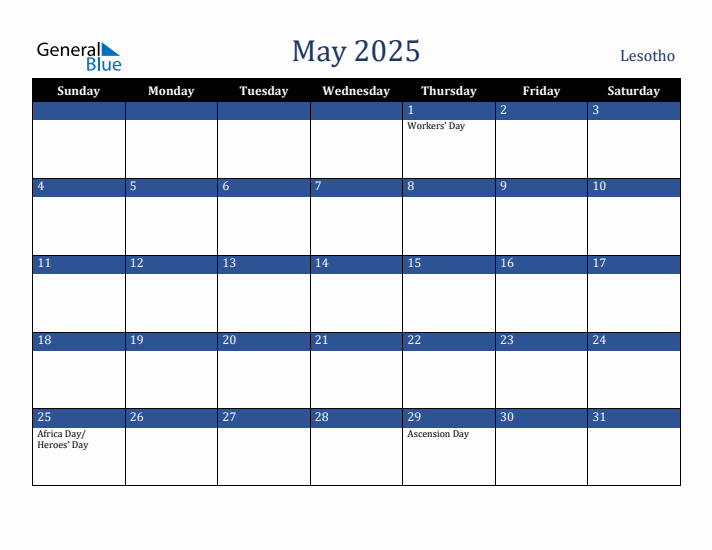 May 2025 Lesotho Calendar (Sunday Start)