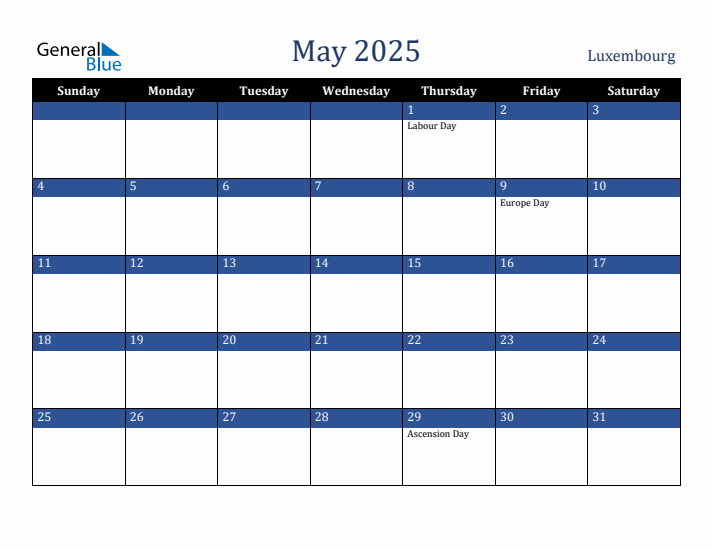 May 2025 Luxembourg Calendar (Sunday Start)
