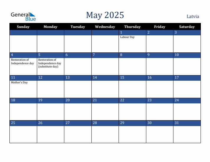 May 2025 Latvia Calendar (Sunday Start)