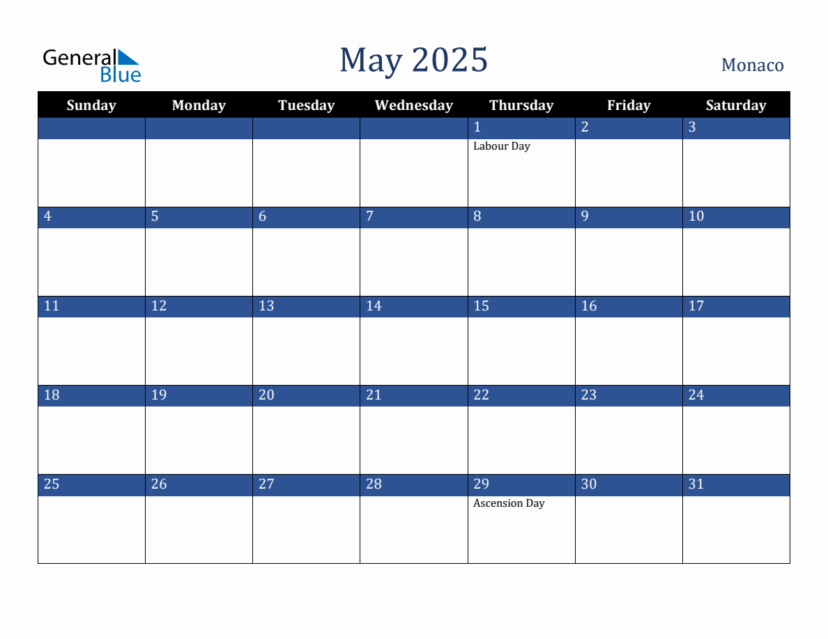 May 2025 Monaco Holiday Calendar