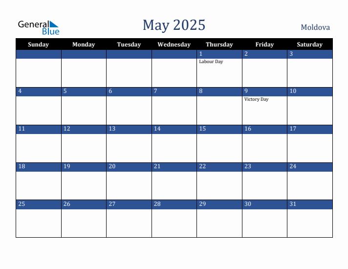 May 2025 Moldova Calendar (Sunday Start)