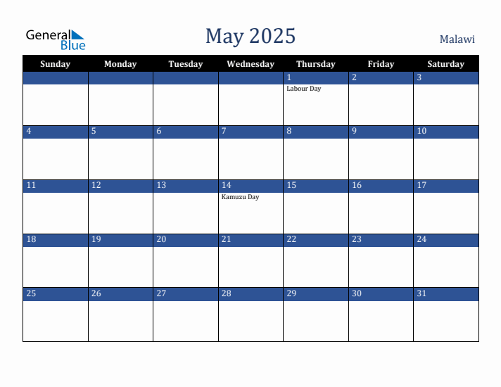 May 2025 Malawi Calendar (Sunday Start)