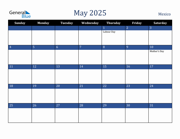 May 2025 Mexico Calendar (Sunday Start)