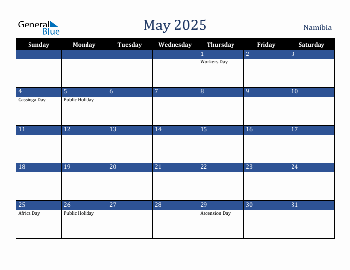 May 2025 Namibia Calendar (Sunday Start)
