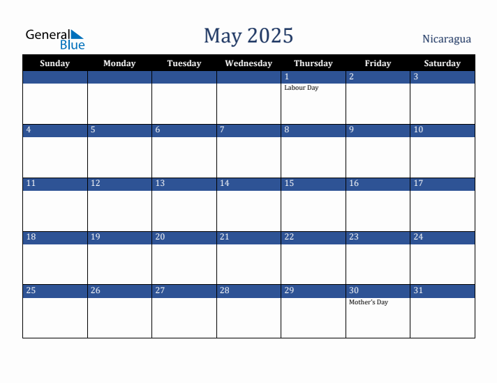 May 2025 Nicaragua Calendar (Sunday Start)