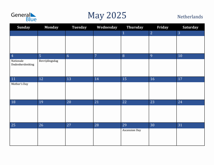 May 2025 The Netherlands Calendar (Sunday Start)