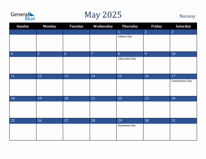 May 2025 Norway Calendar (Sunday Start)