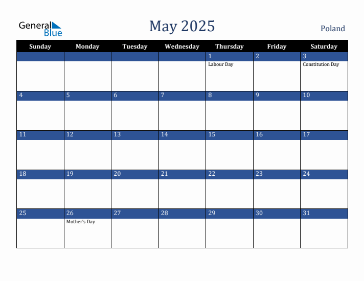 May 2025 Poland Calendar (Sunday Start)